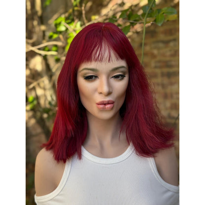Deep Burgundy Red Choppy Bangs Soft Wave Human Hair Blend Wig Traditional Full Cap