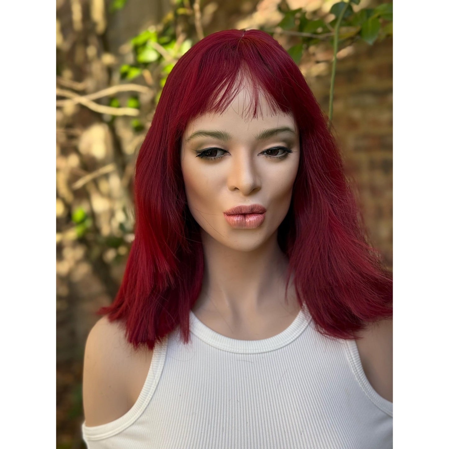 Deep Burgundy Red Choppy Bangs Soft Wave Human Hair Blend Wig Traditional Full Cap