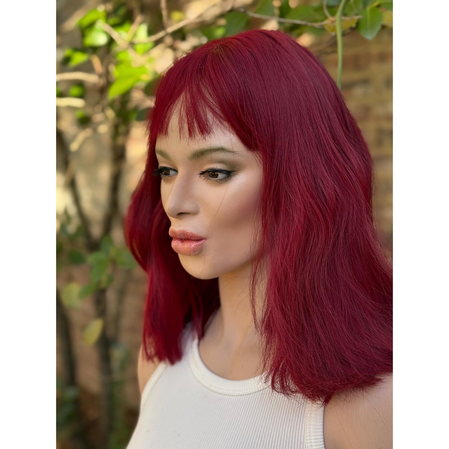 Deep Burgundy Red Choppy Bangs Soft Wave Human Hair Blend Wig Traditional Full Cap