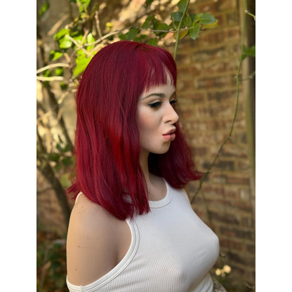 Deep Burgundy Red Choppy Bangs Soft Wave Human Hair Blend Wig Traditional Full Cap