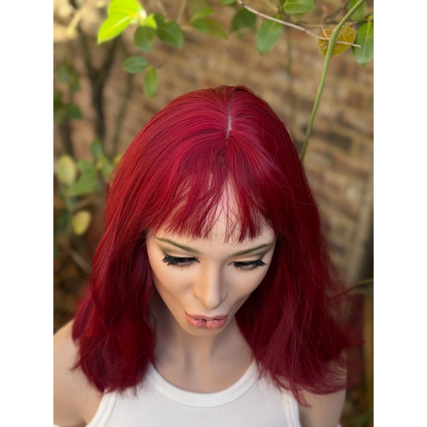 Deep Burgundy Red Choppy Bangs Soft Wave Human Hair Blend Wig Traditional Full Cap