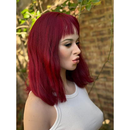 Deep Burgundy Red Choppy Bangs Soft Wave Human Hair Blend Wig Traditional Full Cap