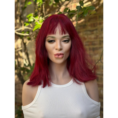 Deep Burgundy Red Choppy Bangs Soft Wave Human Hair Blend Wig Traditional Full Cap