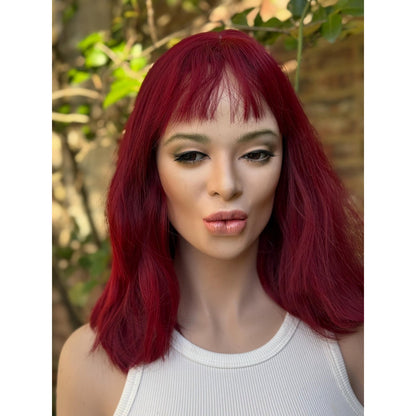 Deep Burgundy Red Choppy Bangs Soft Wave Human Hair Blend Wig Traditional Full Cap