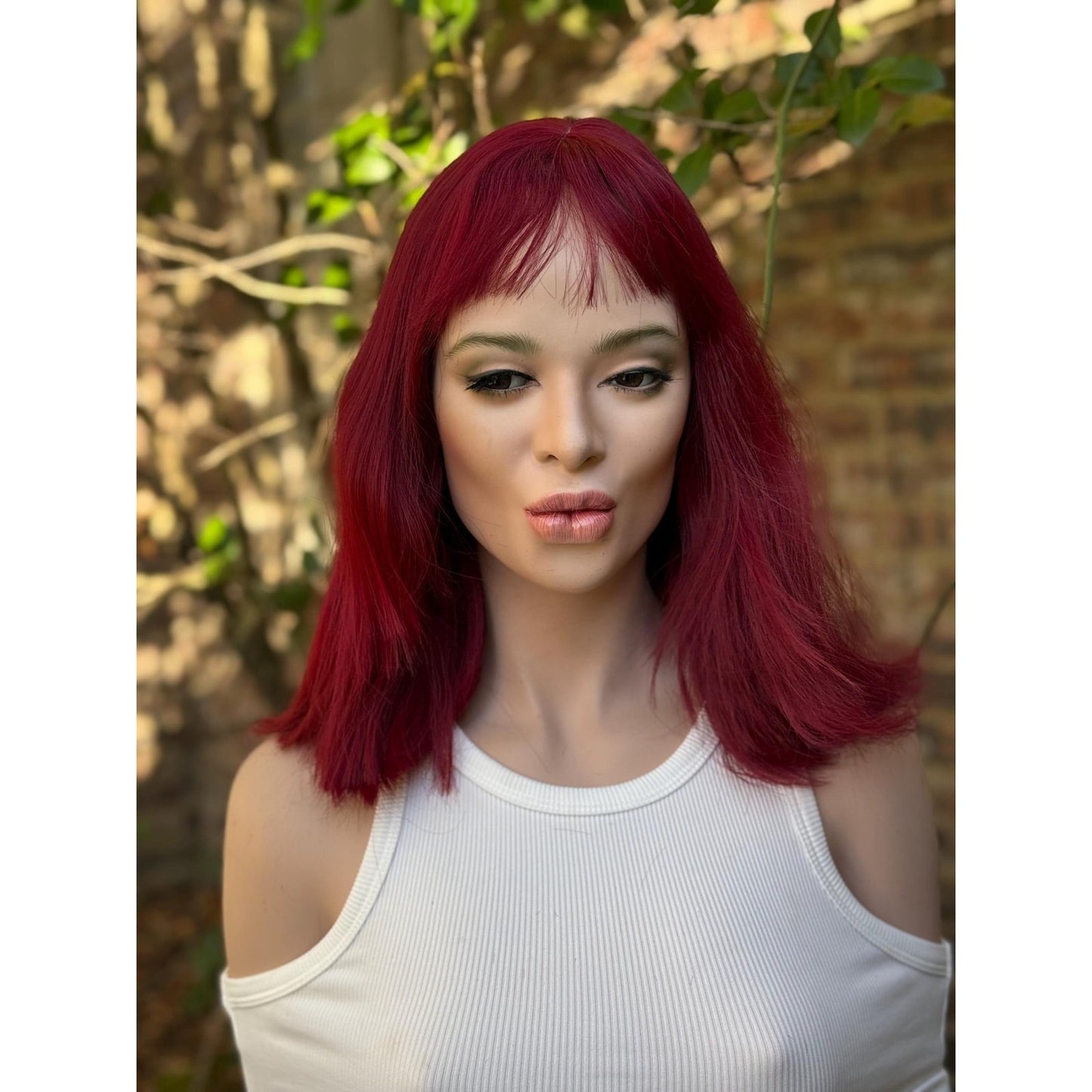 Deep Burgundy Red Choppy Bangs Soft Wave Human Hair Blend Wig Traditional Full Cap