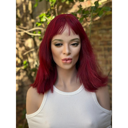 Deep Burgundy Red Choppy Bangs Soft Wave Human Hair Blend Wig Traditional Full Cap