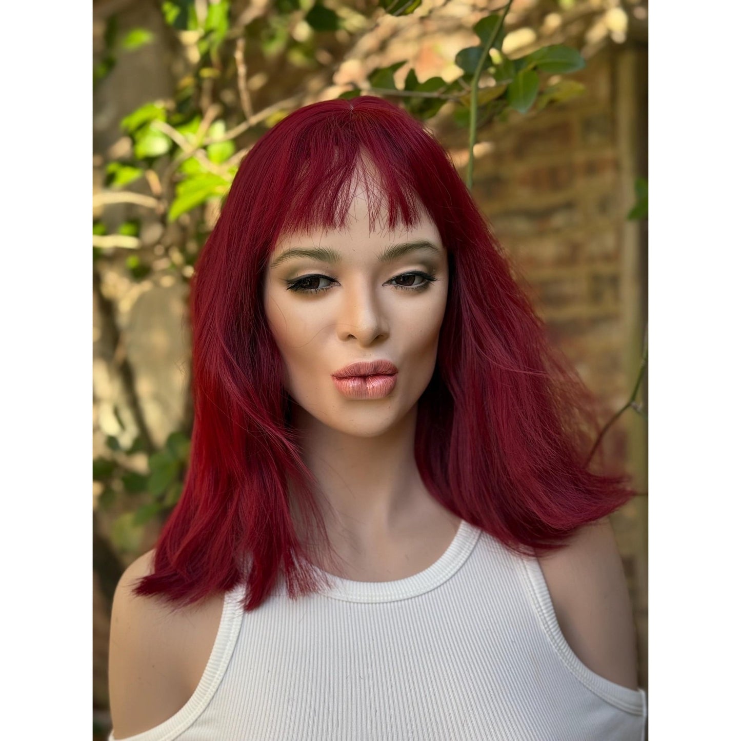 Deep Burgundy Red Choppy Bangs Soft Wave Human Hair Blend Wig Traditional Full Cap