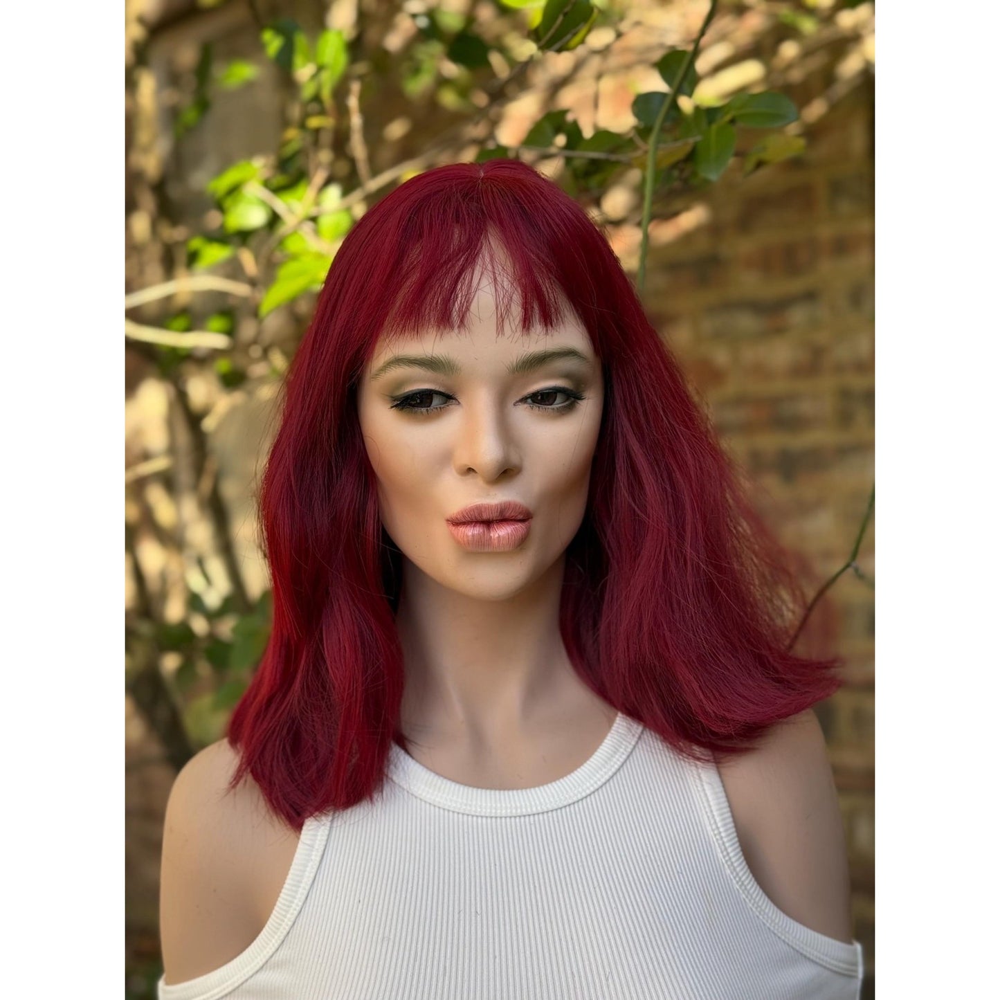 Deep Burgundy Red Choppy Bangs Soft Wave Human Hair Blend Wig Traditional Full Cap