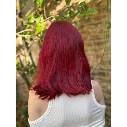 Deep Burgundy Red Choppy Bangs Soft Wave Human Hair Blend Wig Traditional Full Cap