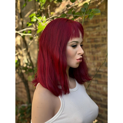 Deep Burgundy Red Choppy Bangs Soft Wave Human Hair Blend Wig Traditional Full Cap