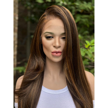 AUDRA Dark Brown Caramel Balayage Honey Golden Brunette Highlights Wig, Lace Front, 13x5 Hand-Tied, Human Hair Blend