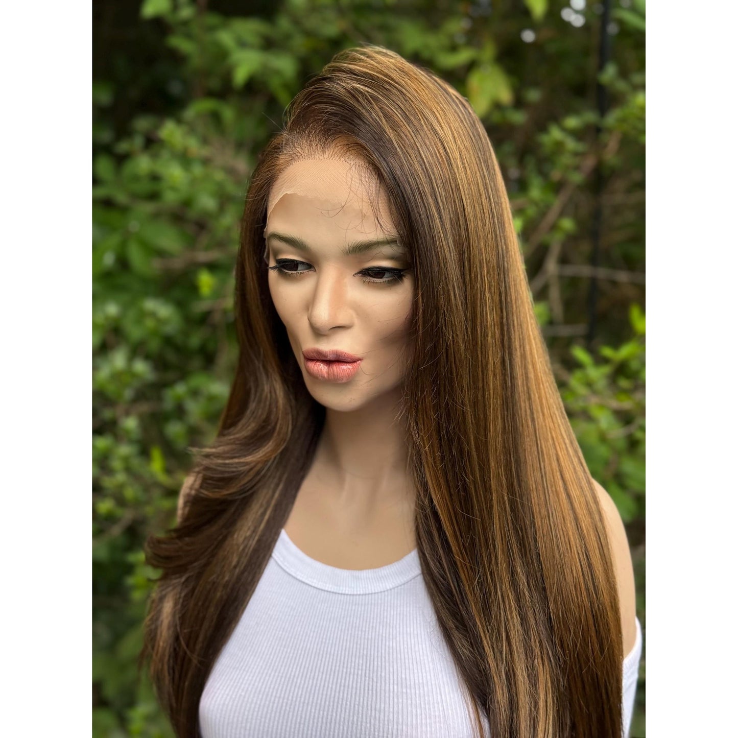 AUDRA Dark Brown Caramel Balayage Honey Golden Brunette Highlights Wig, Lace Front, 13x5 Hand-Tied, Human Hair Blend