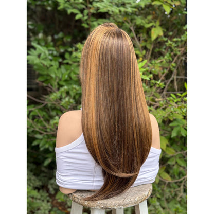 AUDRA Dark Brown Caramel Balayage Honey Golden Brunette Highlights Wig, Lace Front, 13x5 Hand-Tied, Human Hair Blend