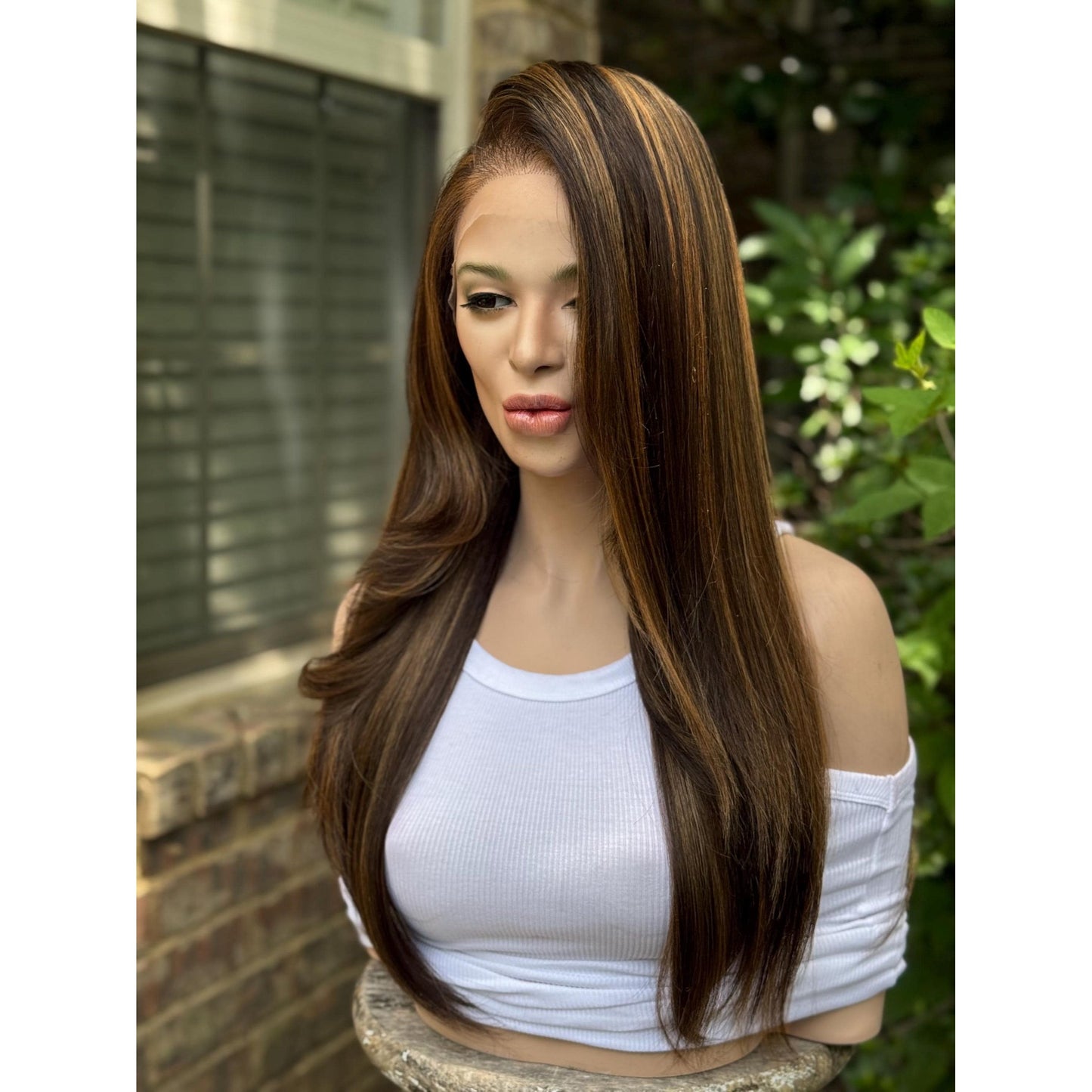 AUDRA Dark Brown Caramel Balayage Honey Golden Brunette Highlights Wig, Lace Front, 13x5 Hand-Tied, Human Hair Blend