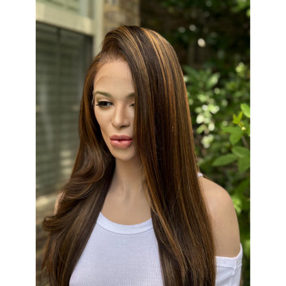 AUDRA Dark Brown Caramel Balayage Honey Golden Brunette Highlights Wig, Lace Front, 13x5 Hand-Tied, Human Hair Blend