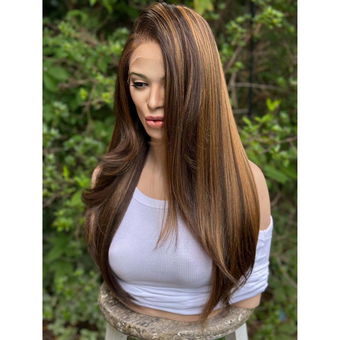 AUDRA Dark Brown Caramel Balayage Honey Golden Brunette Highlights Wig, Lace Front, 13x5 Hand-Tied, Human Hair Blend