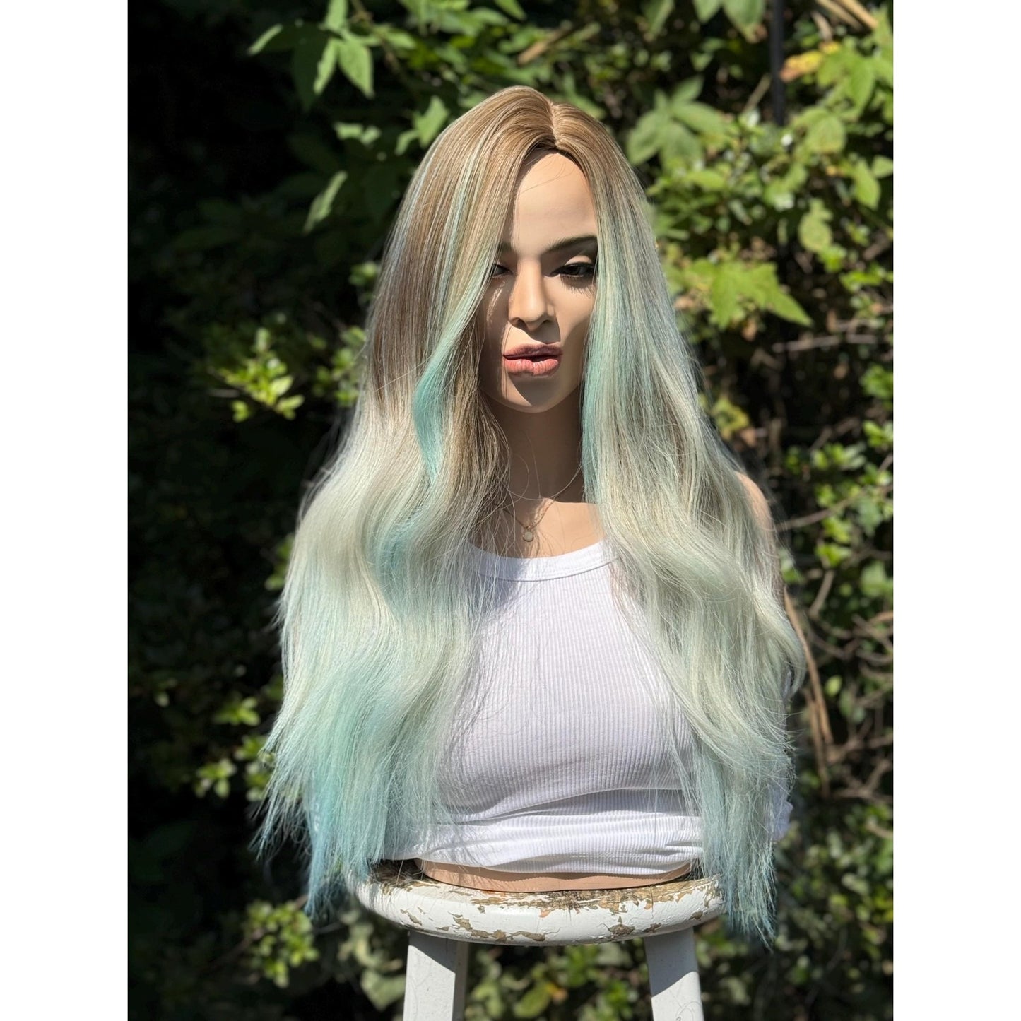 Pastel Blue Green Ombre Turquoise Long Wavy Human Hair Blend Wig Traditional Cap