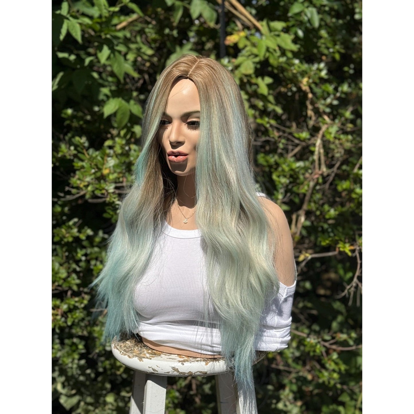 Pastel Blue Green Ombre Turquoise Long Wavy Human Hair Blend Wig Traditional Cap
