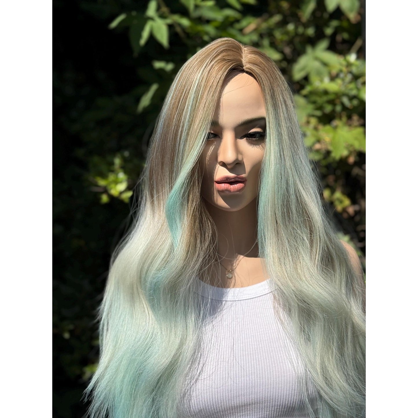 Pastel Blue Green Ombre Turquoise Long Wavy Human Hair Blend Wig Traditional Cap