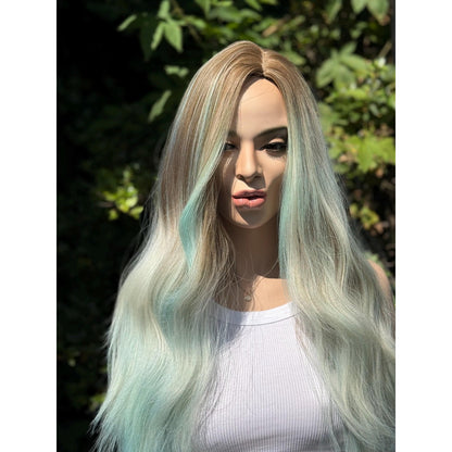 Pastel Blue Green Ombre Turquoise Long Wavy Human Hair Blend Wig Traditional Cap