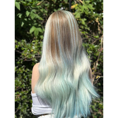Pastel Blue Green Ombre Turquoise Long Wavy Human Hair Blend Wig Traditional Cap