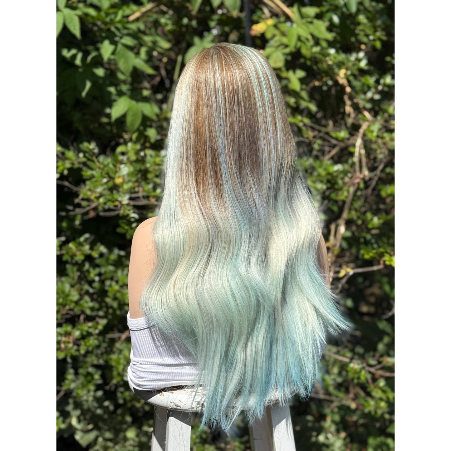 Pastel Blue Green Ombre Turquoise Long Wavy Human Hair Blend Wig Traditional Cap