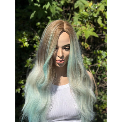 Pastel Blue Green Ombre Turquoise Long Wavy Human Hair Blend Wig Traditional Cap
