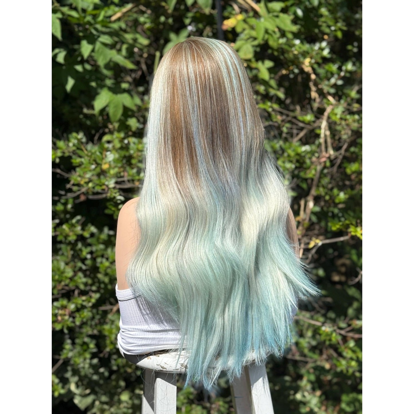 Pastel Blue Green Ombre Turquoise Long Wavy Human Hair Blend Wig Traditional Cap