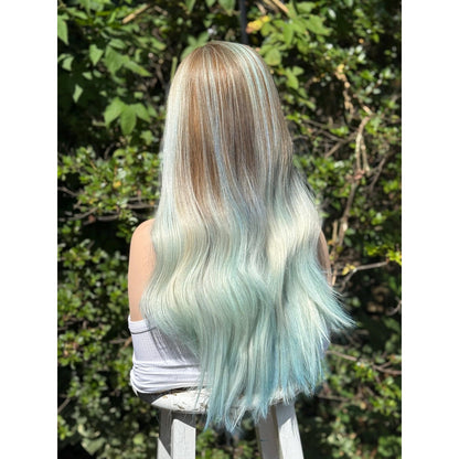 Pastel Blue Green Ombre Turquoise Long Wavy Human Hair Blend Wig Traditional Cap