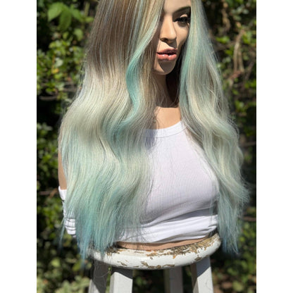 Pastel Blue Green Ombre Turquoise Long Wavy Human Hair Blend Wig Traditional Cap