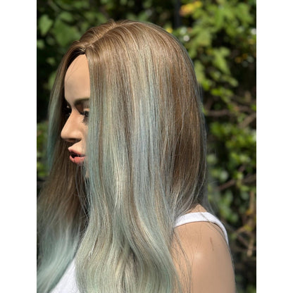 Pastel Blue Green Ombre Turquoise Long Wavy Human Hair Blend Wig Traditional Cap