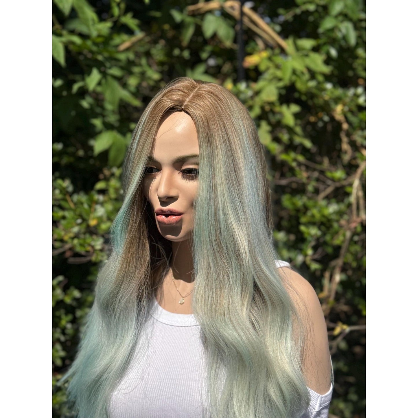 Pastel Blue Green Ombre Turquoise Long Wavy Human Hair Blend Wig Traditional Cap