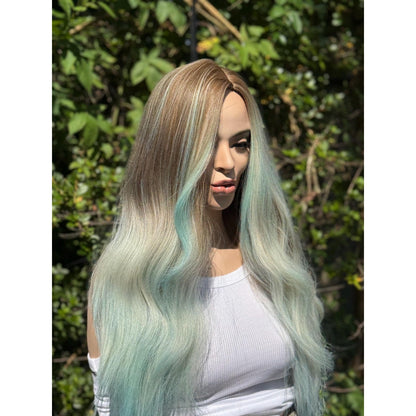 Pastel Blue Green Ombre Turquoise Long Wavy Human Hair Blend Wig Traditional Cap