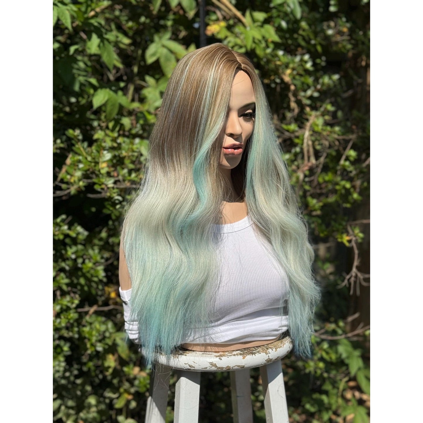 Pastel Blue Green Ombre Turquoise Long Wavy Human Hair Blend Wig Traditional Cap