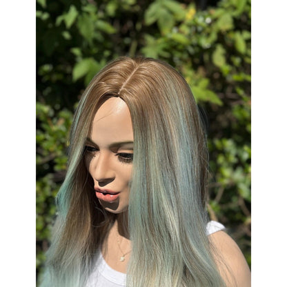 Pastel Blue Green Ombre Turquoise Long Wavy Human Hair Blend Wig Traditional Cap