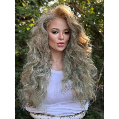 Blonde Candy Apple Green Big Spiral Curls Human Hair Blend Lace Front Wig