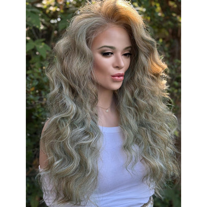 Blonde Candy Apple Green Big Spiral Curls Human Hair Blend Lace Front Wig