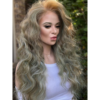 Blonde Candy Apple Green Big Spiral Curls Human Hair Blend Lace Front Wig