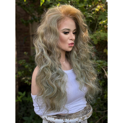 Blonde Candy Apple Green Big Spiral Curls Human Hair Blend Lace Front Wig