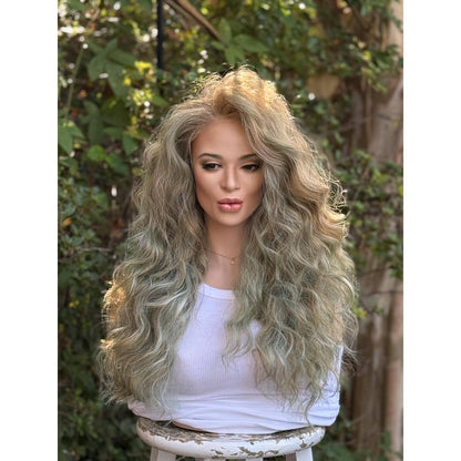 Blonde Candy Apple Green Big Spiral Curls Human Hair Blend Lace Front Wig