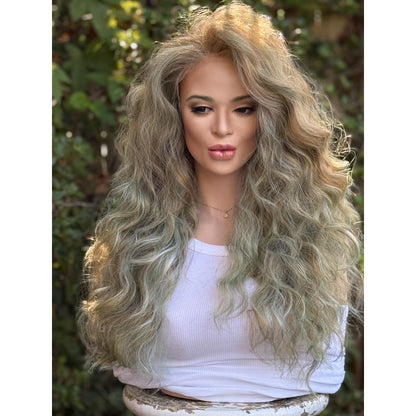 Blonde Candy Apple Green Big Spiral Curls Human Hair Blend Lace Front Wig