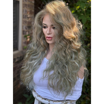 Blonde Candy Apple Green Big Spiral Curls Human Hair Blend Lace Front Wig