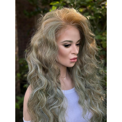 Blonde Candy Apple Green Big Spiral Curls Human Hair Blend Lace Front Wig