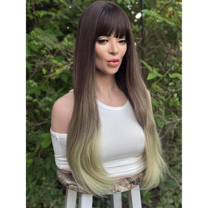 LUCKY Espresso Brown Lime Green Ombre Wig, Lightweight Full Cap, Heat Safe Glueless Unit with Bangs