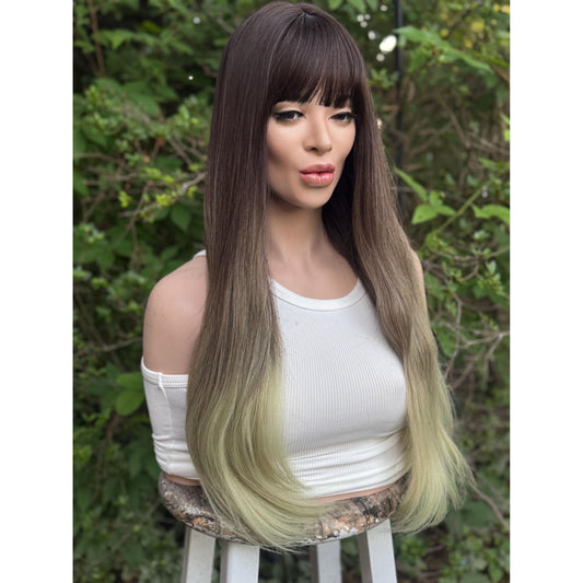 LUCKY Espresso Brown Lime Green Ombre Wig, Lightweight Full Cap, Heat Safe Glueless Unit with Bangs
