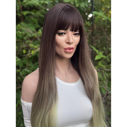 LUCKY Espresso Brown Lime Green Ombre Wig, Lightweight Full Cap, Heat Safe Glueless Unit with Bangs