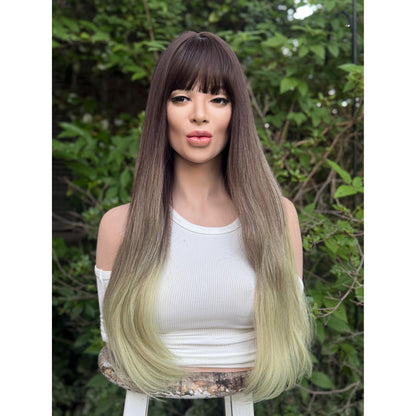 LUCKY Espresso Brown Lime Green Ombre Wig, Lightweight Full Cap, Heat Safe Glueless Unit with Bangs
