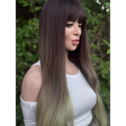 LUCKY Espresso Brown Lime Green Ombre Wig, Lightweight Full Cap, Heat Safe Glueless Unit with Bangs