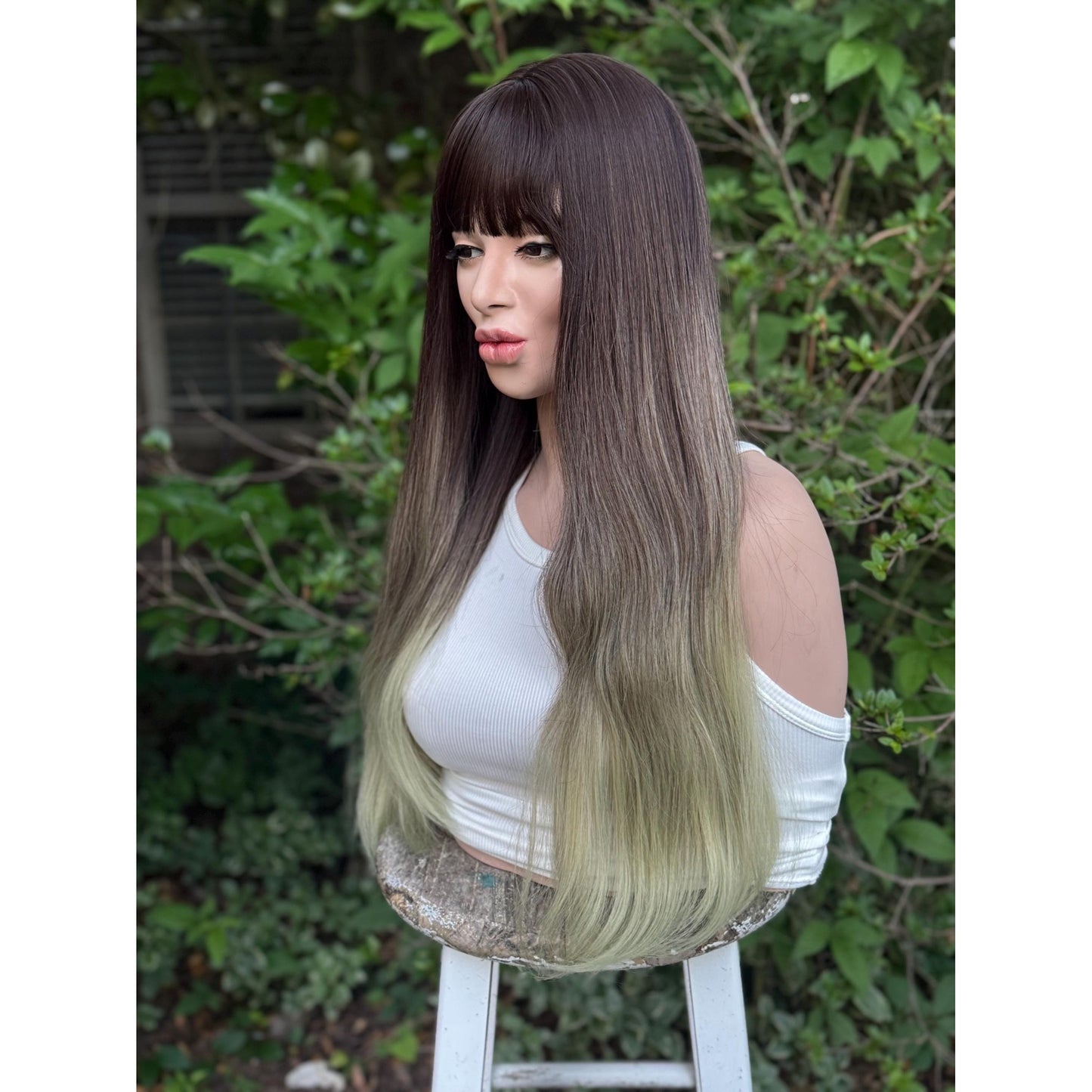 LUCKY Espresso Brown Lime Green Ombre Wig, Lightweight Full Cap, Heat Safe Glueless Unit with Bangs