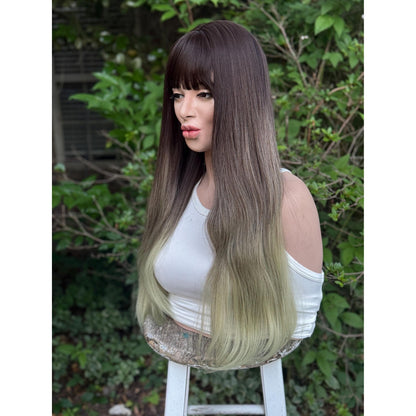 LUCKY Espresso Brown Lime Green Ombre Wig, Lightweight Full Cap, Heat Safe Glueless Unit with Bangs